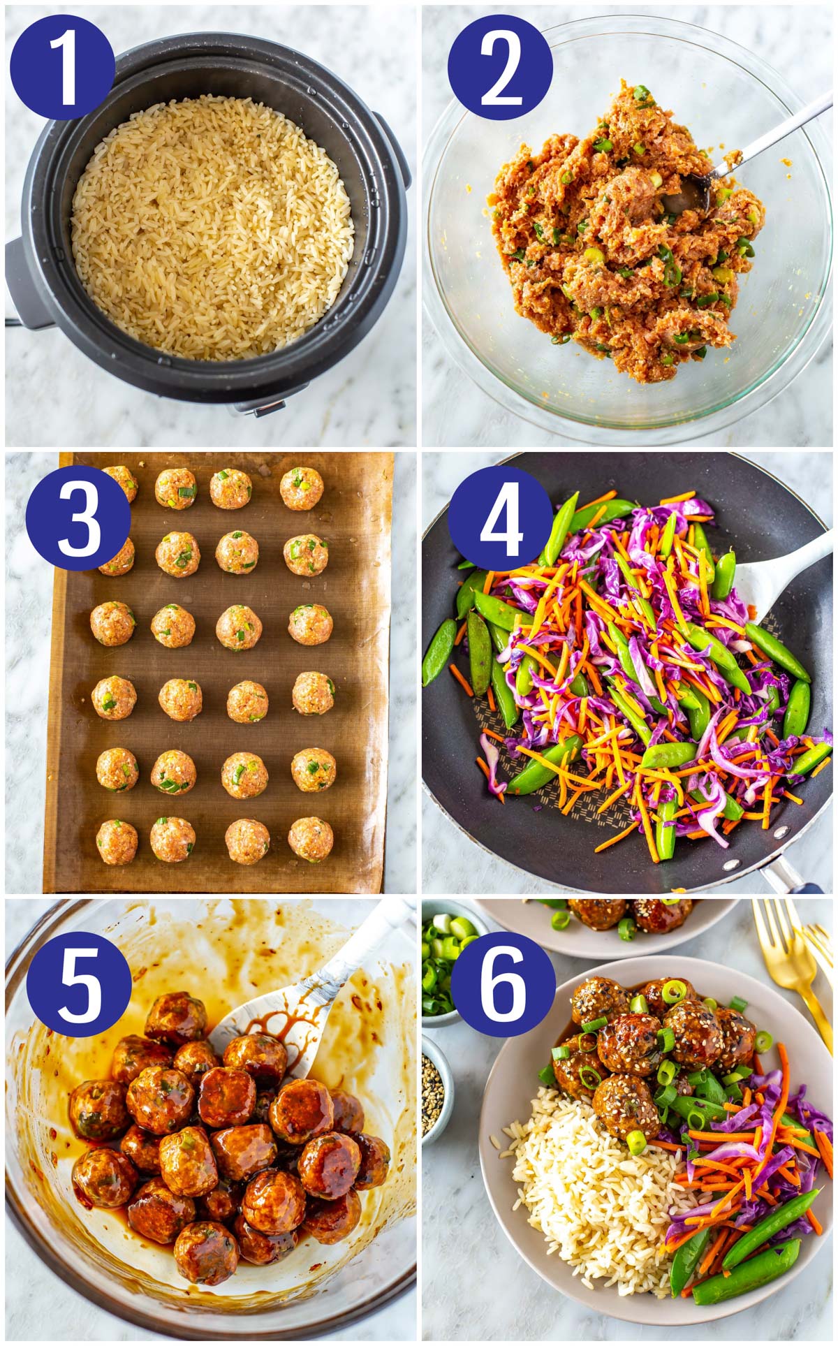 Step-by-step instructions collage for making teriyaki chicken meatballs: make rice, make meatball mixture, form meatballs, cook veggies, toss cooked meatballs with sauce, serve meatballs with rice and veggies.