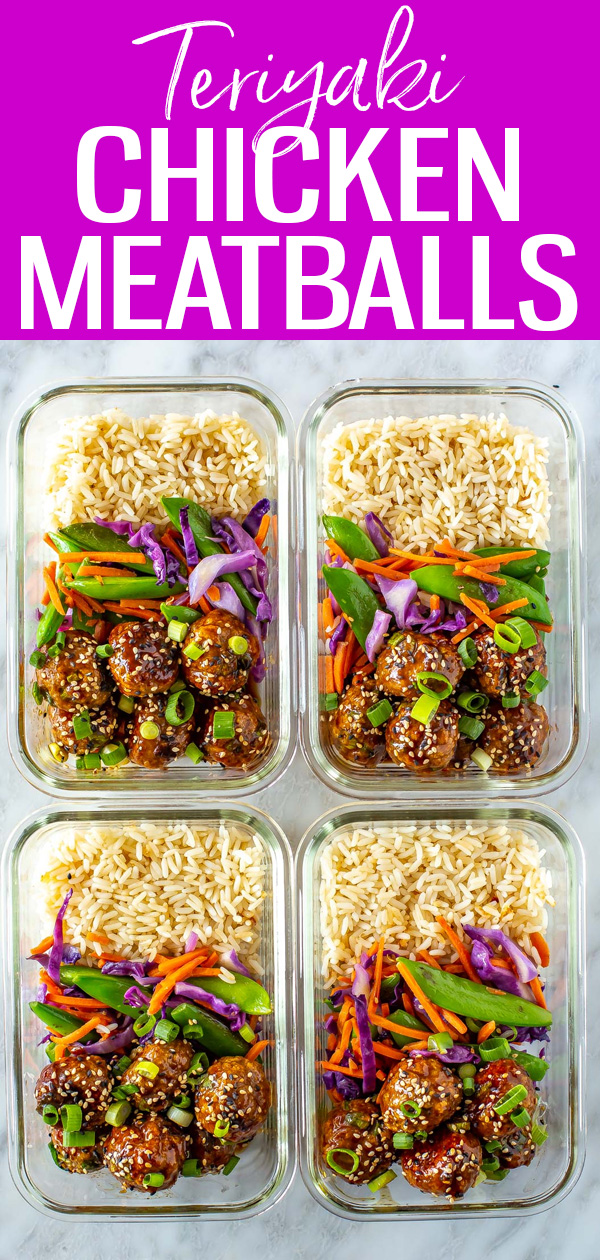 These Sticky Teriyaki Chicken Meatballs and Rice Bowls are perfect for meal prep! Serve with a mix of fresh and delicious stir fried veggies.  #teriyakichicken #meatballs