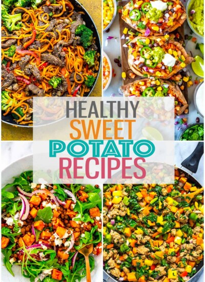 A collage of four sweet potato recipes with the text "Healthy Sweet Potato Recipes" layered over top.