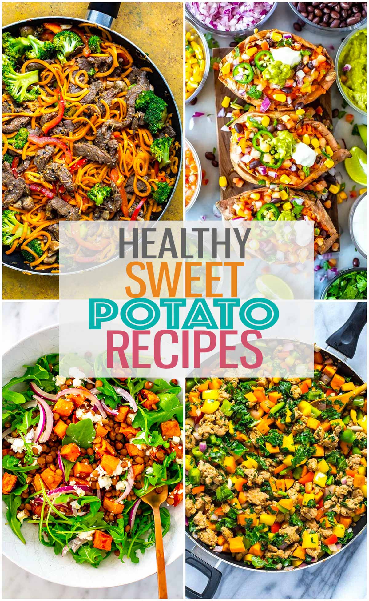 A collage of four sweet potato recipes with the text "Healthy Sweet Potato Recipes" layered over top.