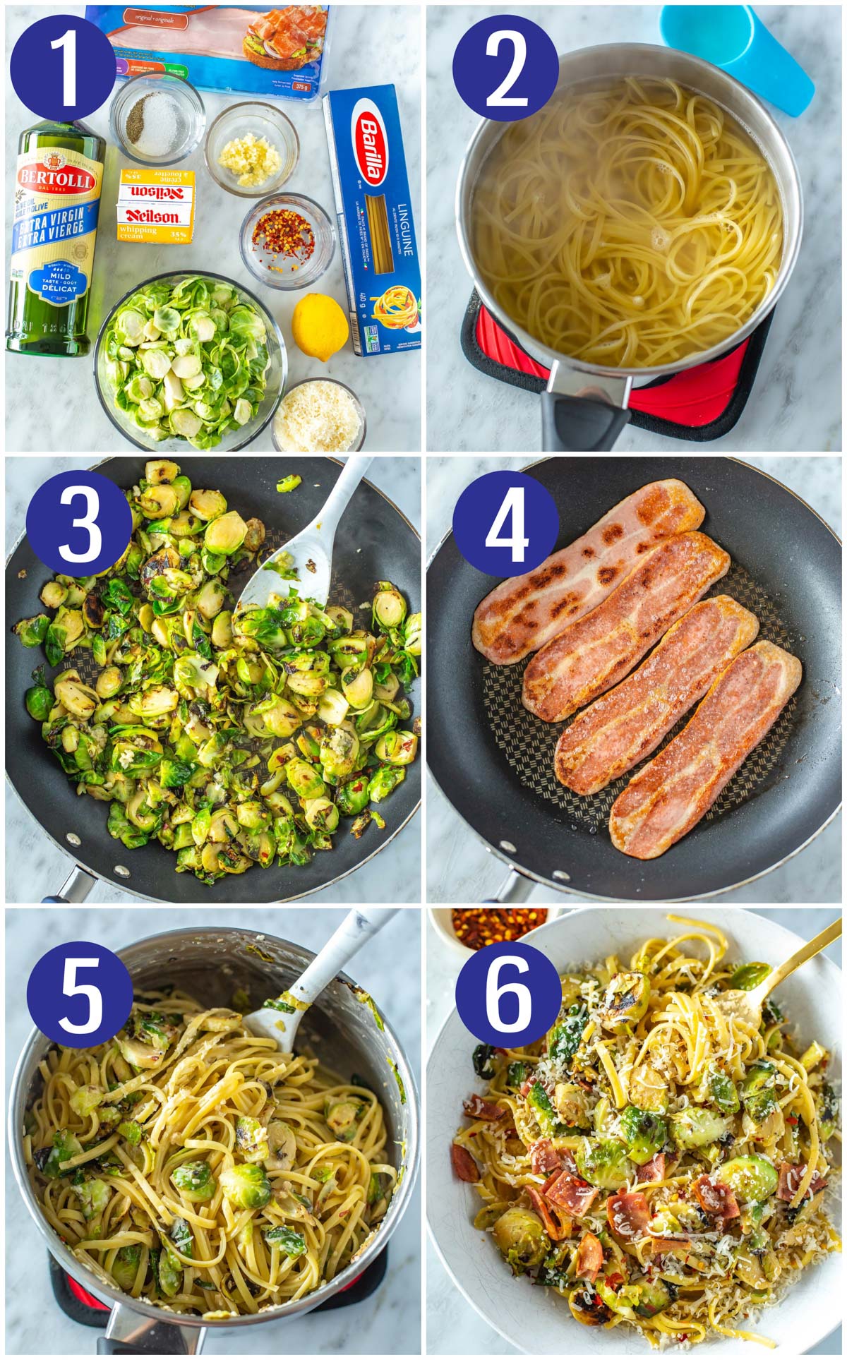 Step-by-step instructions collage for making creamy brussels sprouts pasta: assemble ingredients, cook pasta, cook brussels sprouts, cook bacon, toss everything together, garnish with parmesan cheese and chili flakes.
