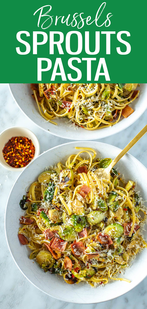 This Creamy Brussels Sprouts Pasta is an easy weeknight dinner. It has a delicious creamy parmesan sauce, lemony brussels sprouts and bacon! #brusselssprouts #pasta
