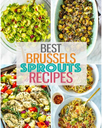 A collage of four different brussels sprouts recipes with the text "Best Brussels Sprouts Recipes" layered on top.