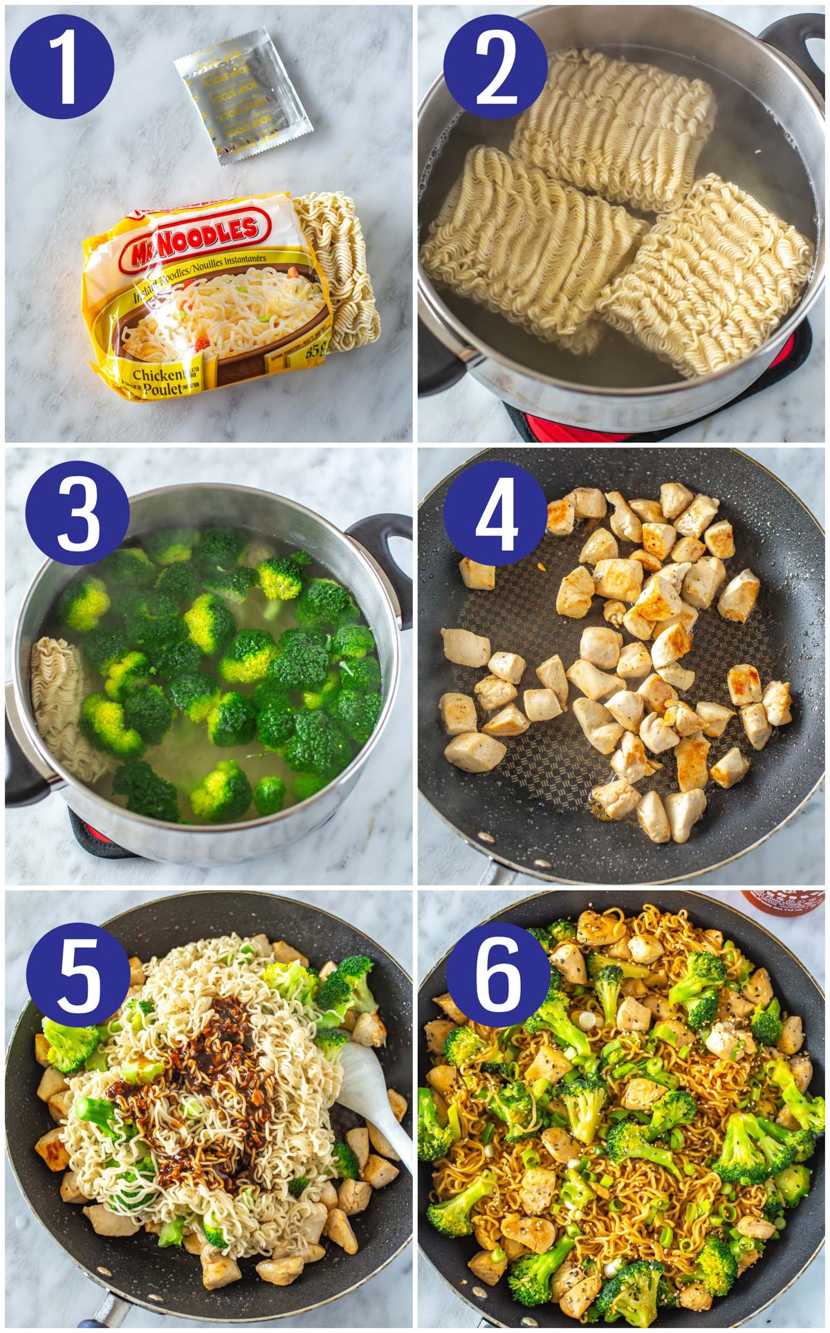 Step-by-step instructions collage for chicken ramen stir fry: cook ramen without seasoning packets, steam broccoli, cook chicken, add sauce, and mix.
