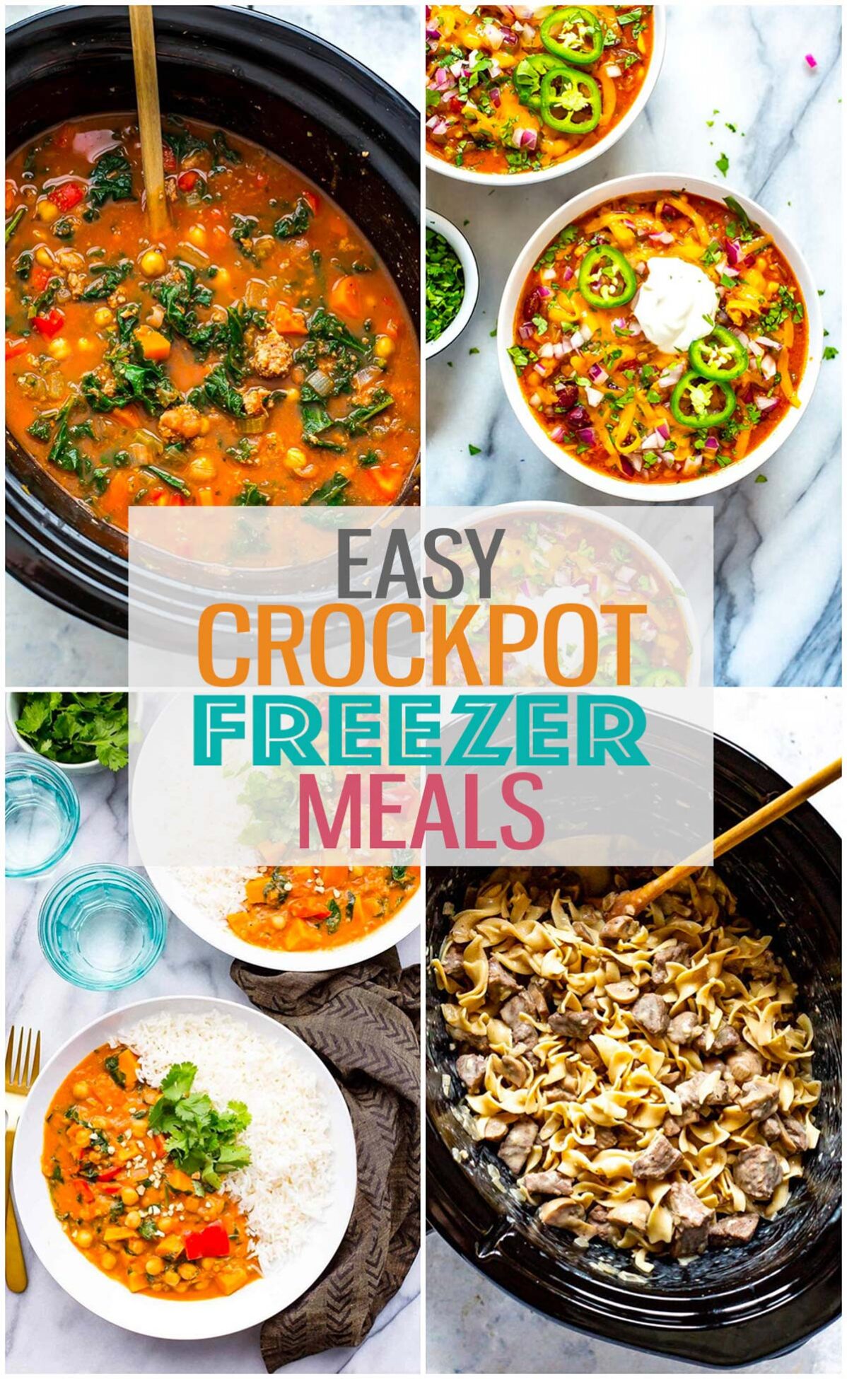 A collage of four different crockpot freezer meals with the text "Easy Crockpot Freezer Meals" layered on top.