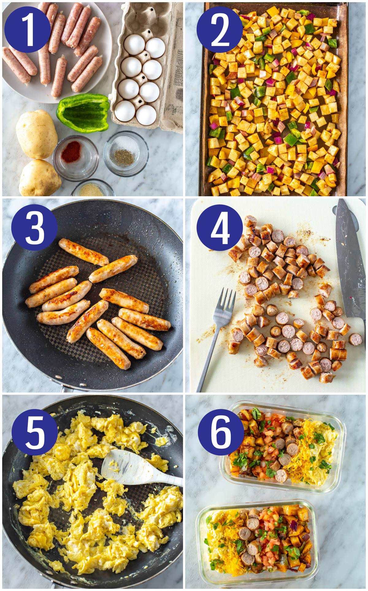Step-by-step instructions collage for making breakfast bowls: assemble ingredients, roast potatoes, bell pepper and red onion, cook sausage, cut up sausage, scramble eggs, assemble bowls.