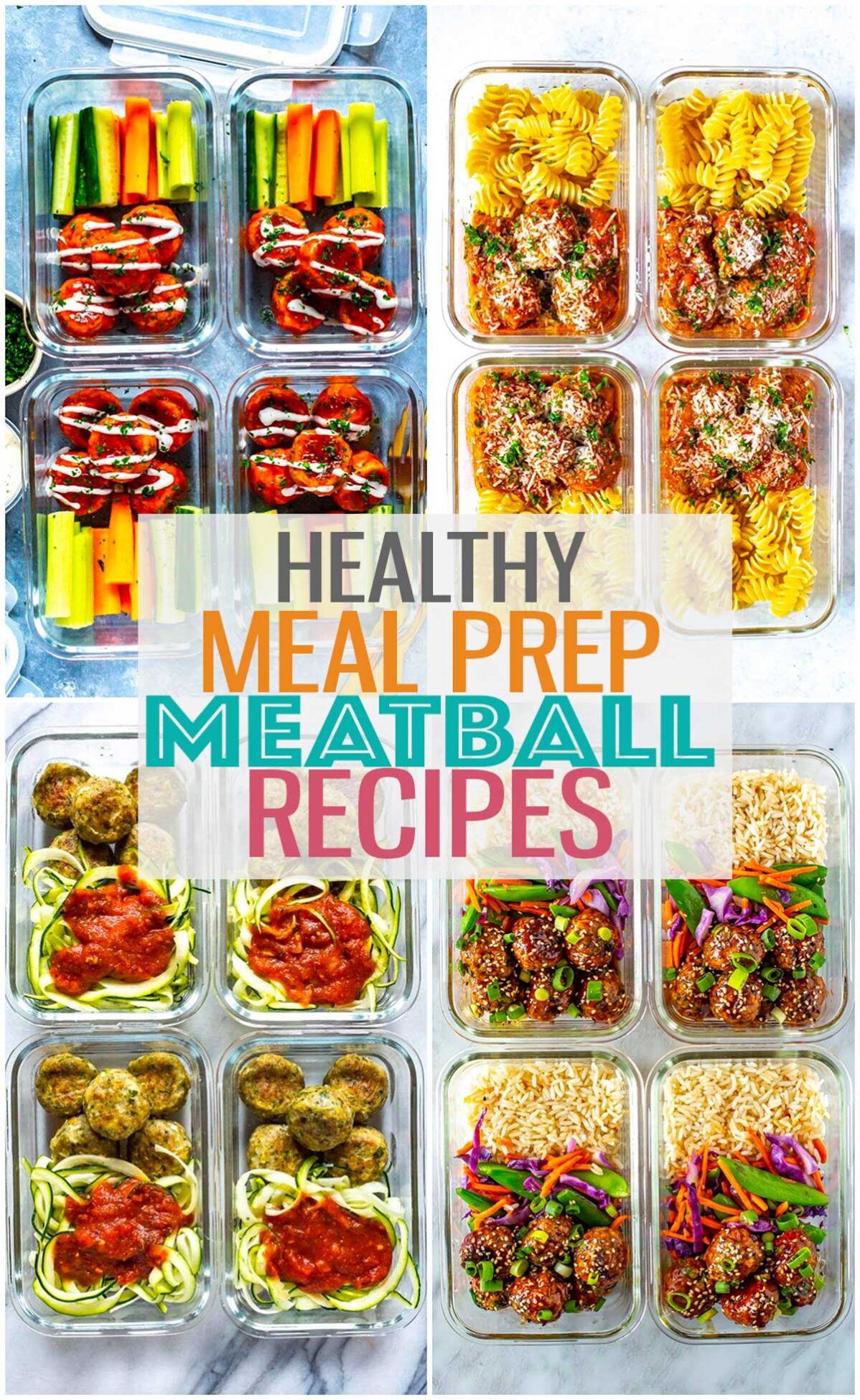 Four different meatball recipes with the text "Healthy meal prep meatball recipes" layered over top.