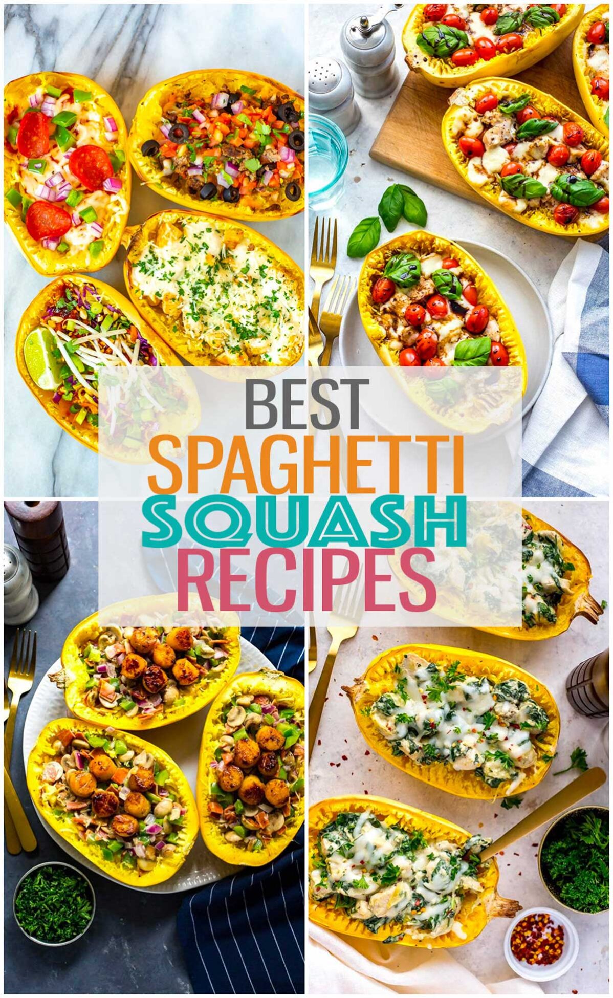 A collage of four different spaghetti squash recipes with the text "Best Spaghetti Squash Recipes" layered over top.