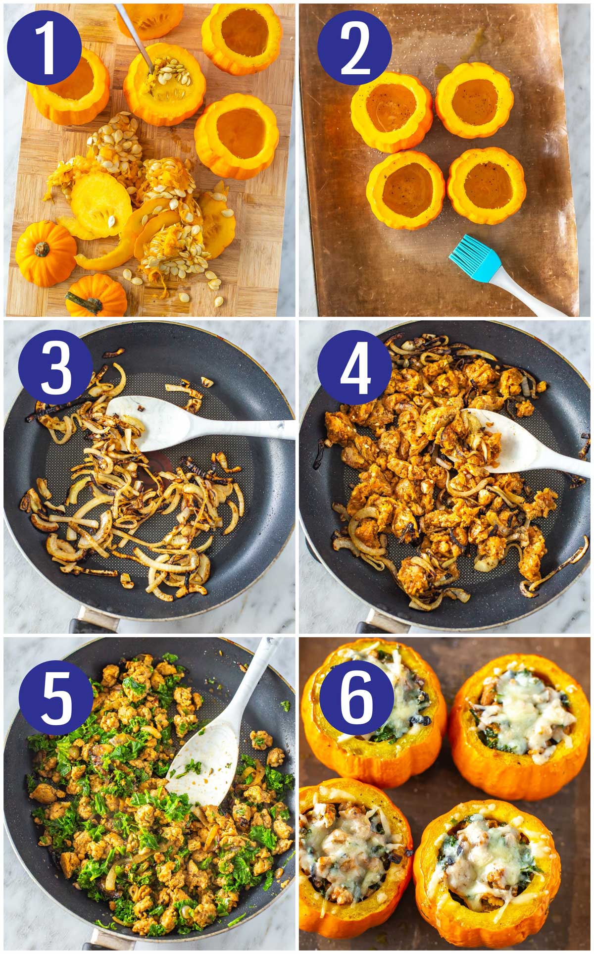Step-by-step instructions collage for making stuffed pumpkins: remove seeds from pumpkins, brush with olive oil and bake, saute onions, saute sausage, saute kale, fill pumpkins with filling and top with gruyere cheese before baking.