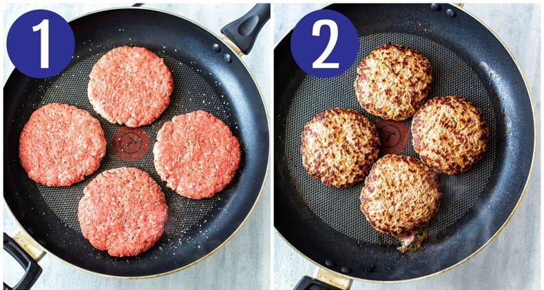 Collage showing two steps: 1. Overhead shot of raw ground beef patties in a frying pan. 2. Overhead shot of cooked ground beef patties in a frying pan