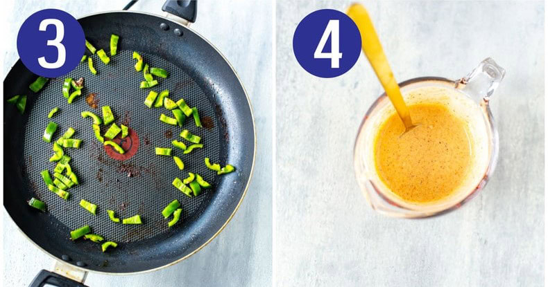 Collage showing two steps: 3. Overhead shot of sautéed green peppers in a frying pan. 4. Overhead shot of Santa Fe sauce in a measuring cup.