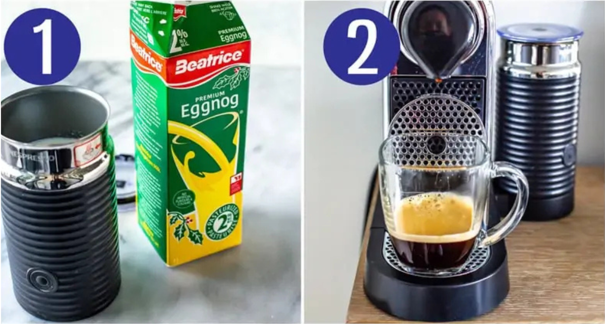 Steps 1 and 2 for making Starbucks eggnog latte: combine ingredients and make espresso