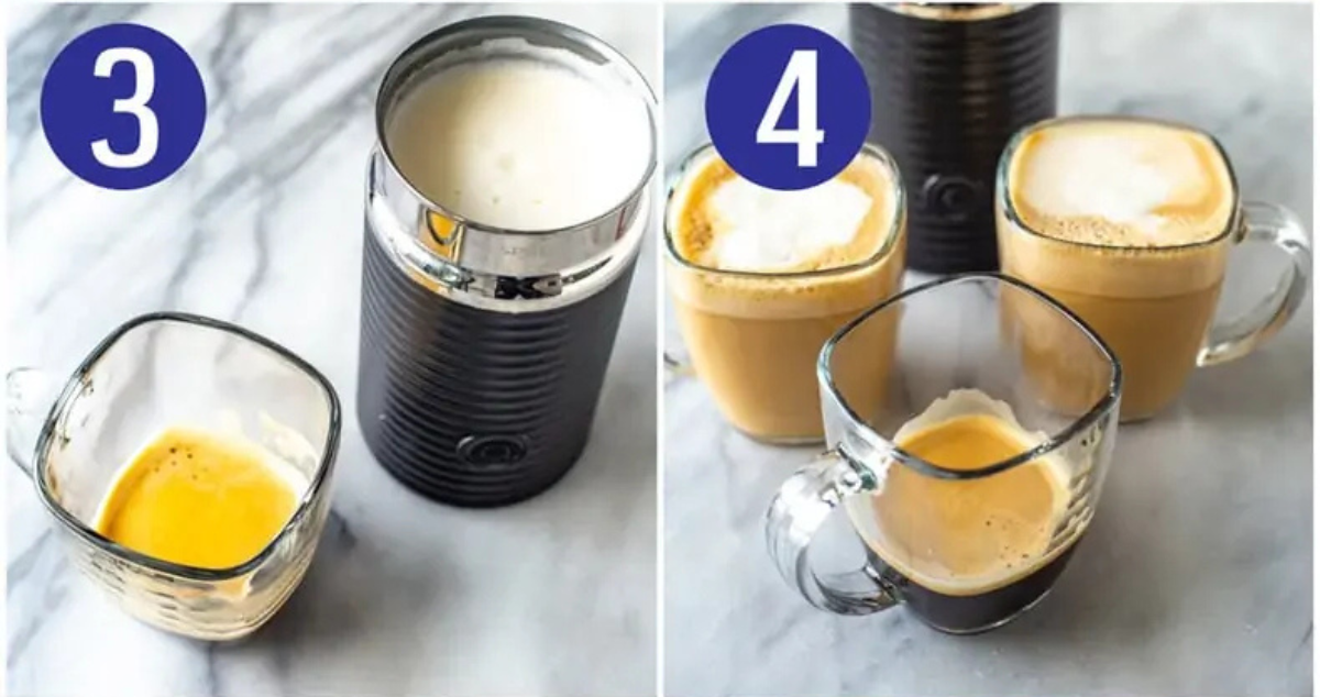 Steps 3 and 4 for making Starbucks eggnog latte: steam and froth milk and eggnog, pour over espresso