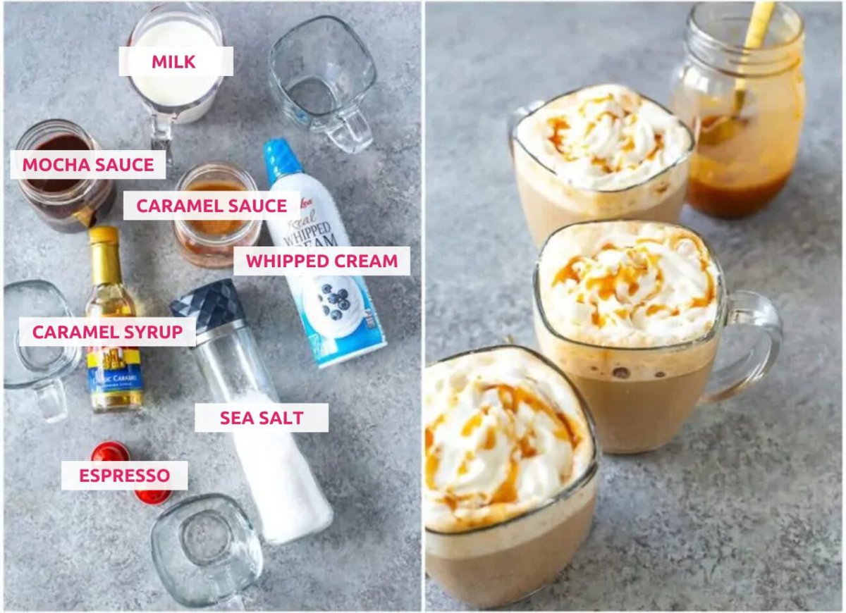 Ingredients for making a Starbucks salted caramel mocha