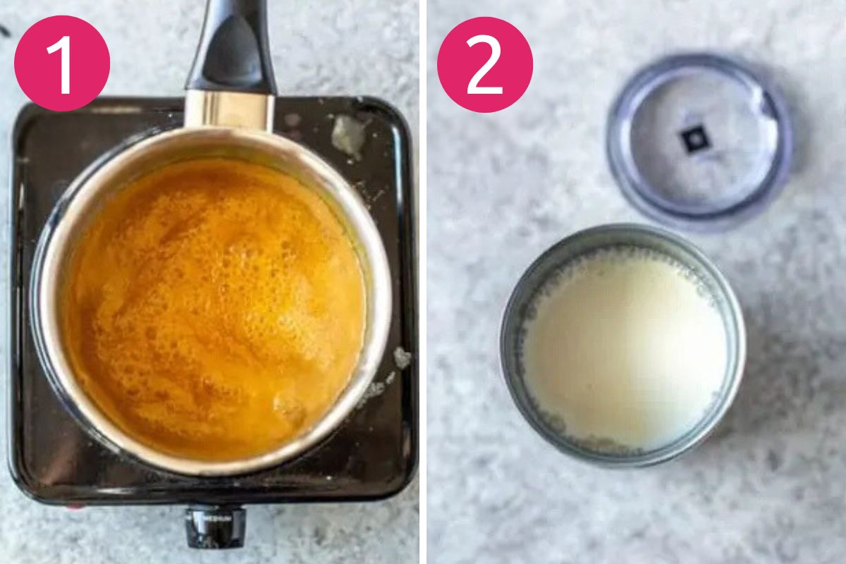 Steps 1 and 2 for making a salted caramel mocha