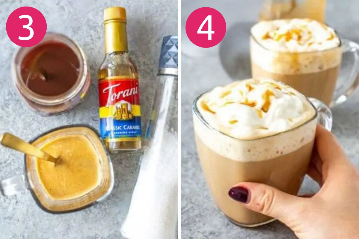 Steps 3 and 4 for making a salted caramel mocha