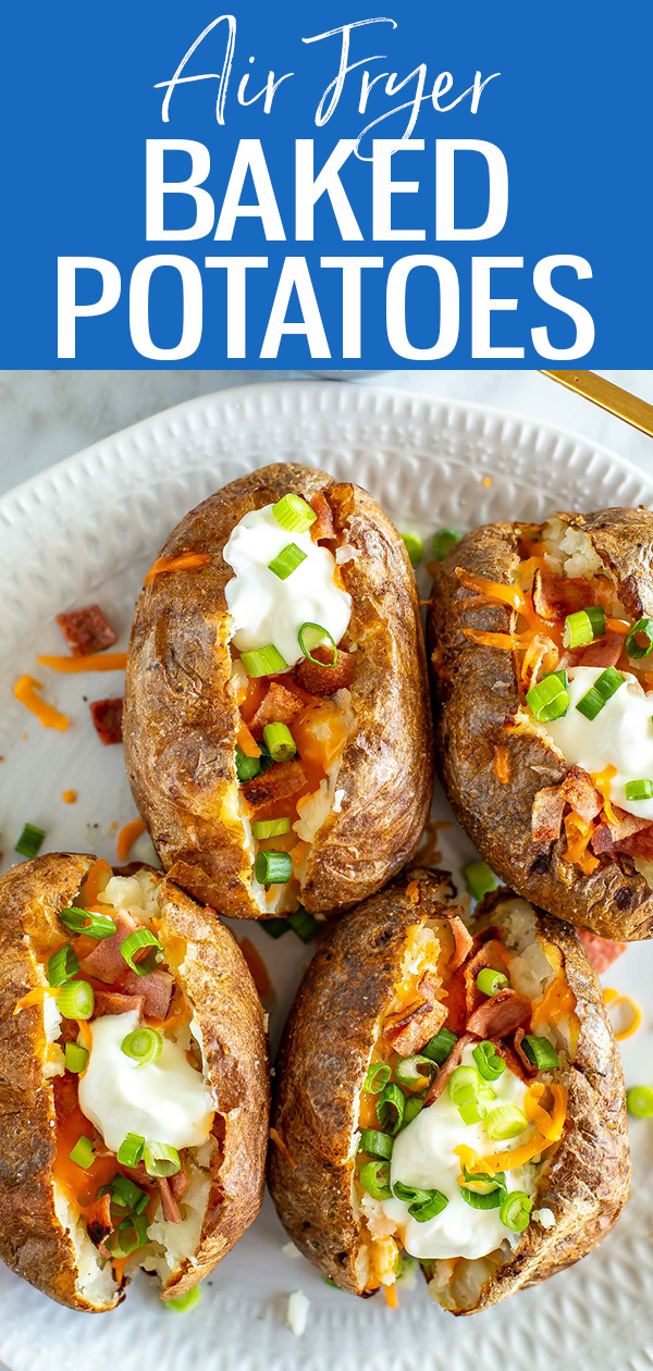 This Air Fryer Baked Potato recipe is a go-to because it's so easy! Try them fully loaded with bacon, cheese and sour cream. #airfryer #bakedpotato