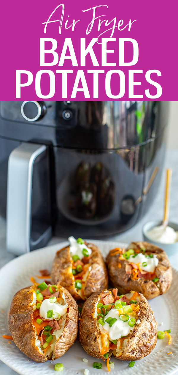 This Air Fryer Baked Potato recipe is a go-to because it's so easy! Try them fully loaded with bacon, cheese and sour cream. #airfryer #bakedpotato