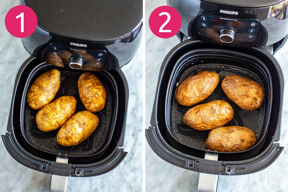 Steps 1 and 2 for making air fryer baked potatoes: cook potatoes in air fryer then flip and cook on the other side..