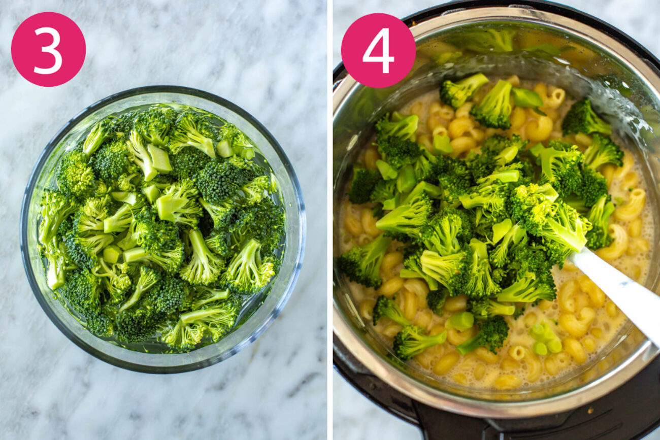 Steps 3 and 4 for making Instant Pot mac and cheese: Steam broccoli and stir in with pasta.