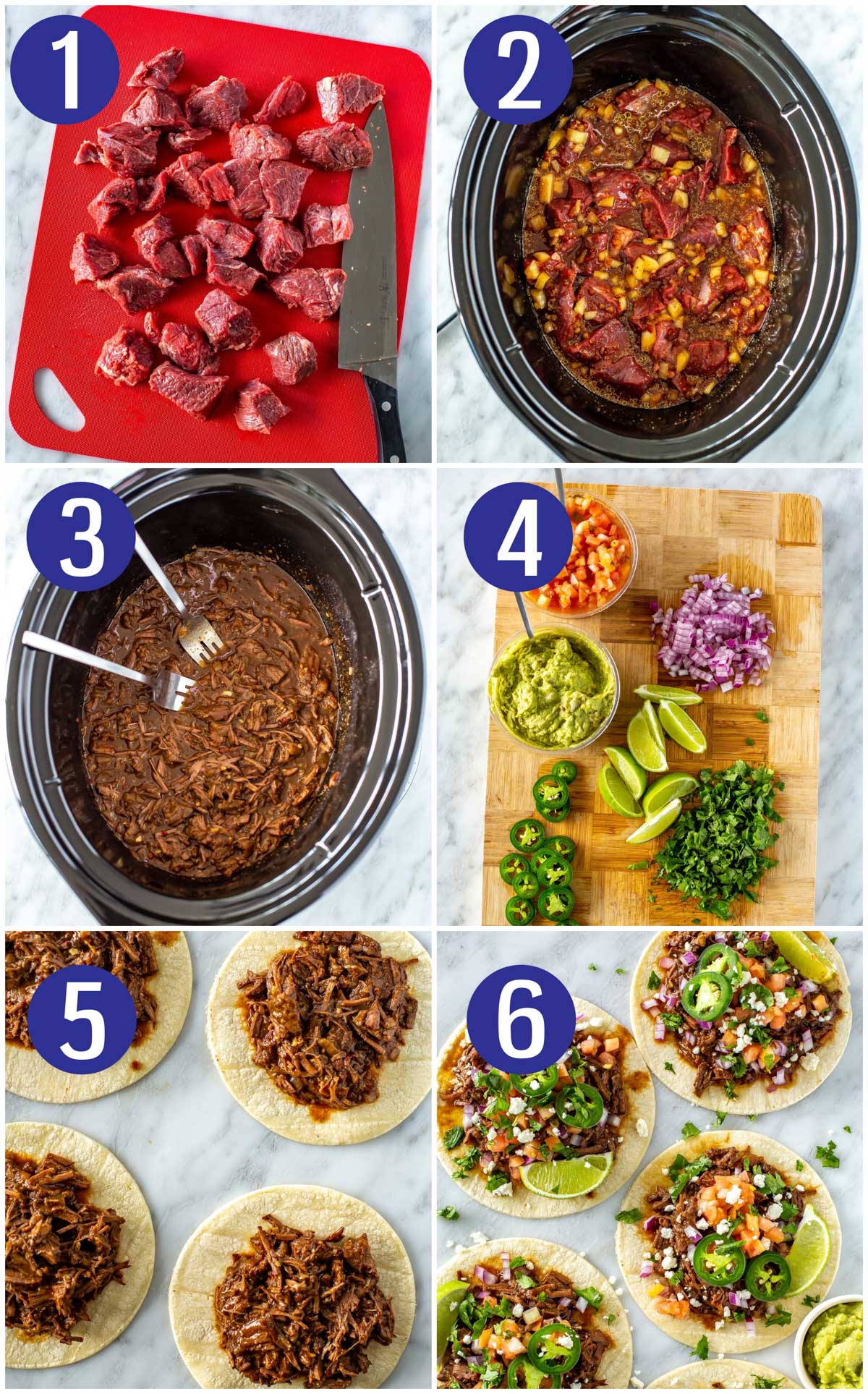Step-by-step instructions collage for making shredded beef tacos: cut yp beef into 1 inch cubes, put it in the slow cooker alongside other ingredients, shred cooked beef, assemble toppings, then assemble tacos.
