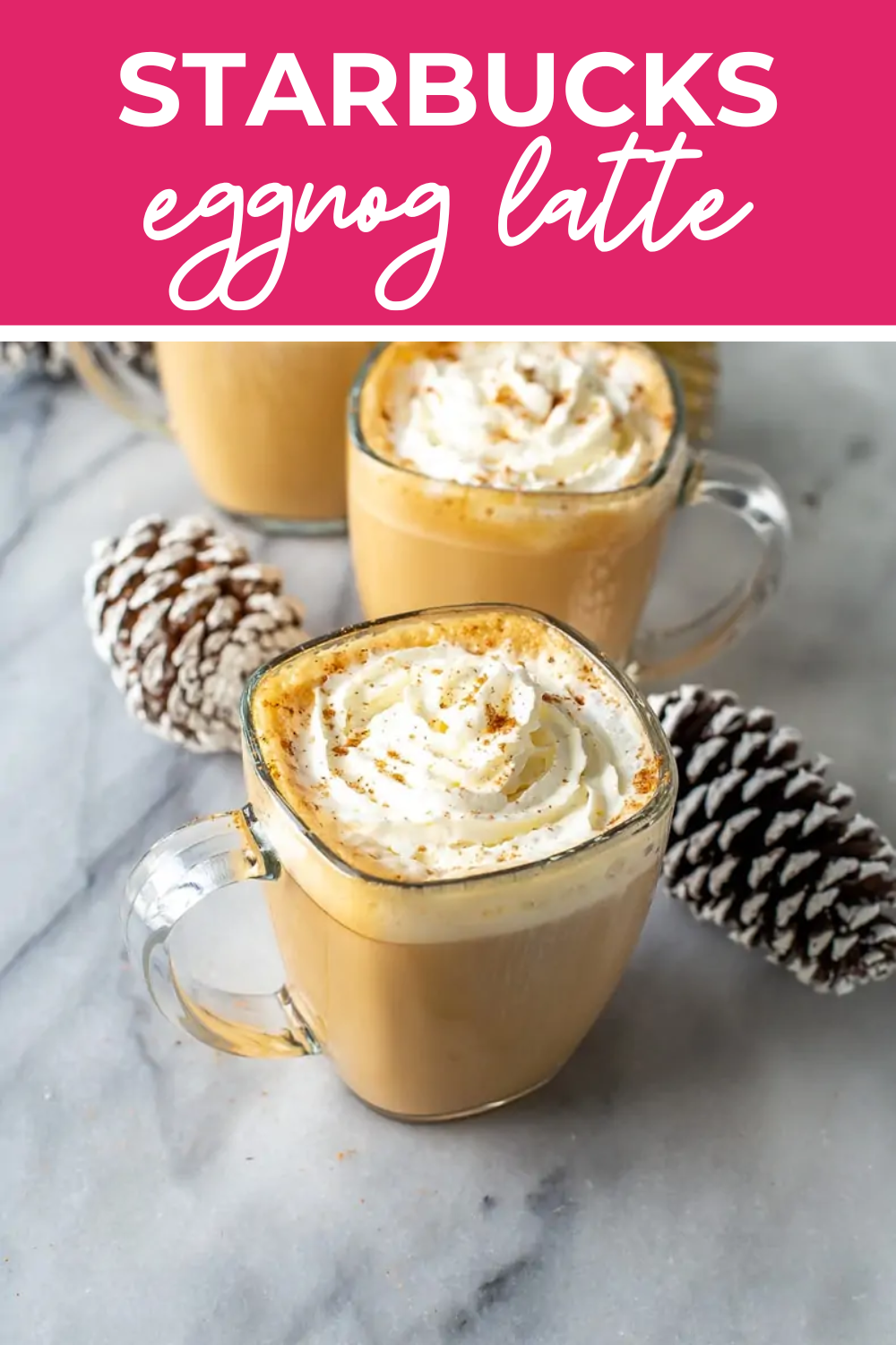 Three copycat Starbucks eggnog lattes in clear mugs.