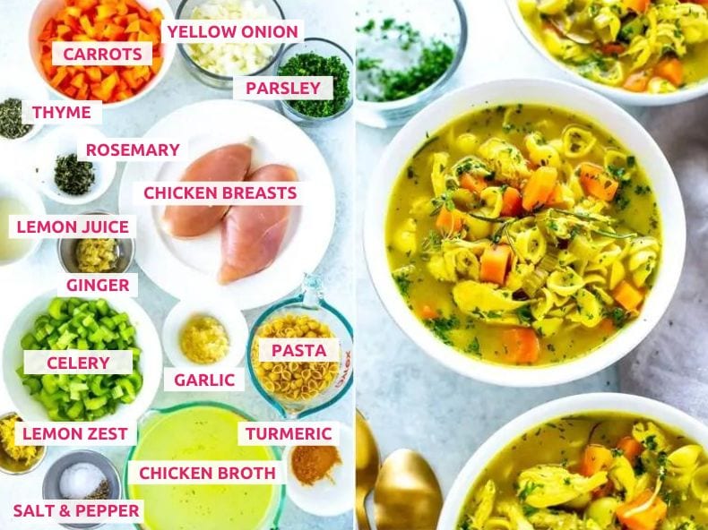 Ingredients for healing chicken soup: carrots, yellow onion, parsley, thyme, rosemary, lemon juice, chicken breasts, ginger, garlic, lemon zest, chicken broth, celery, turmeric and pasta