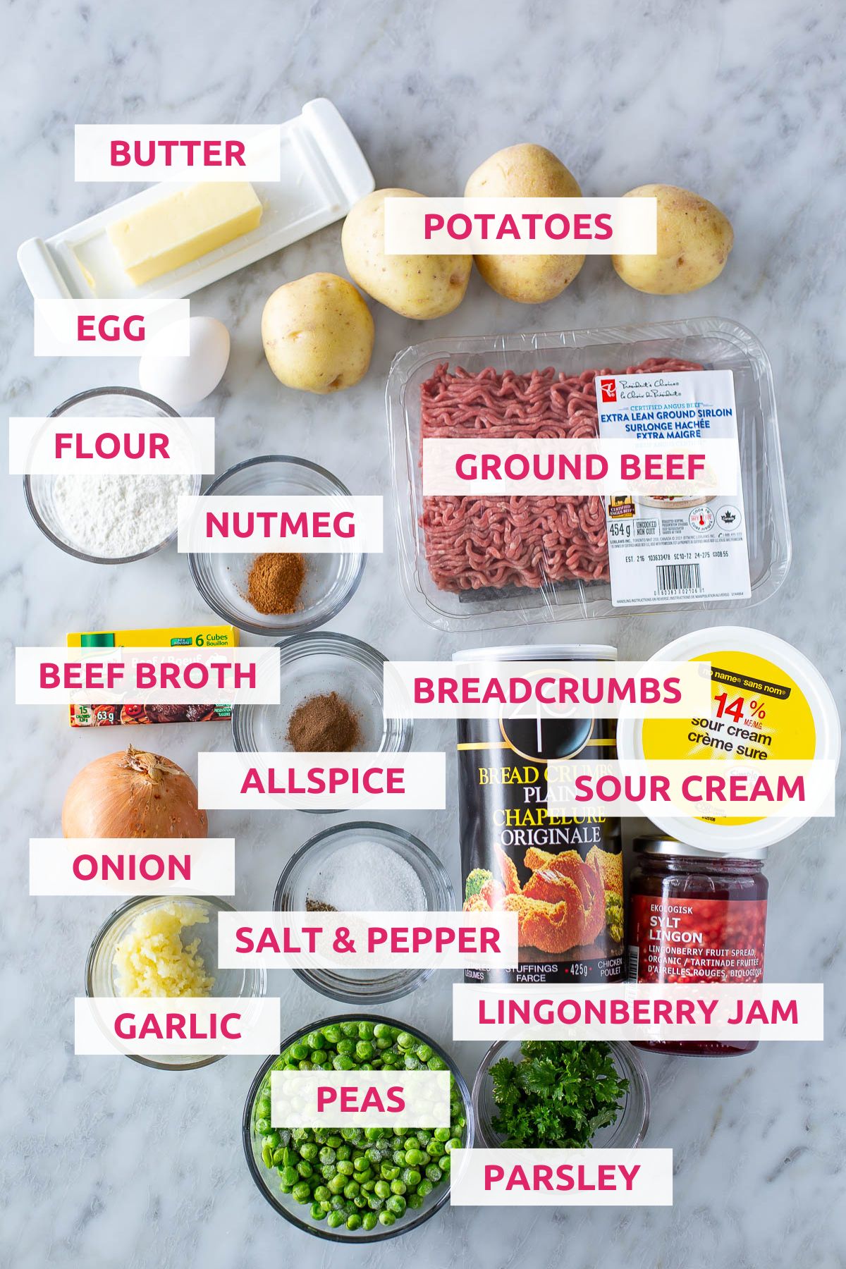 Ingredients for making Swedish meatballs: butter, potatoes, egg, flour, nutmeg, ground beef, beef broth, allspice, breadcrumbs, sour cream, onion, salt & pepper, garlic, parsley, peas, lingonberry jam