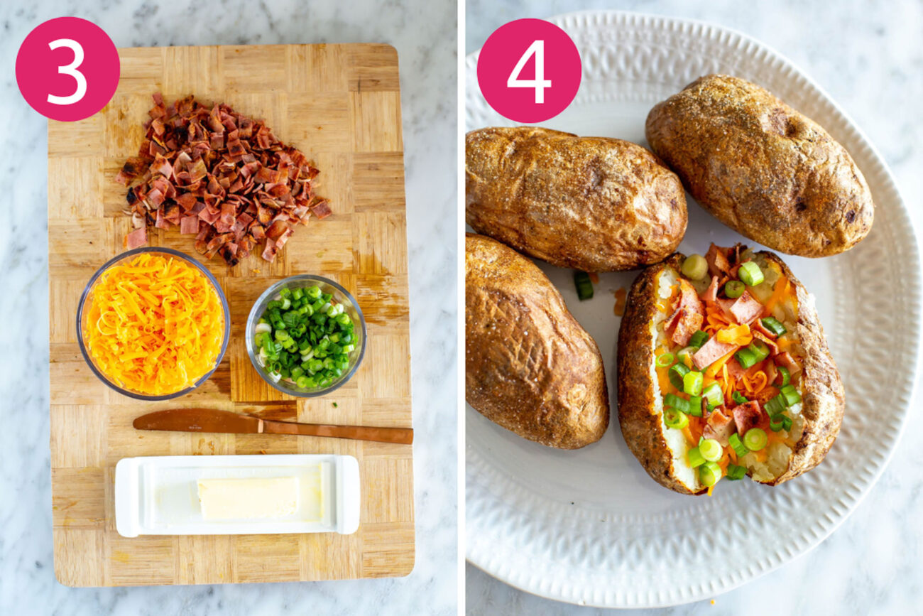 Steps 3 and 4 for making air fryer baked potatoes: assemble toppings and top potatoes.