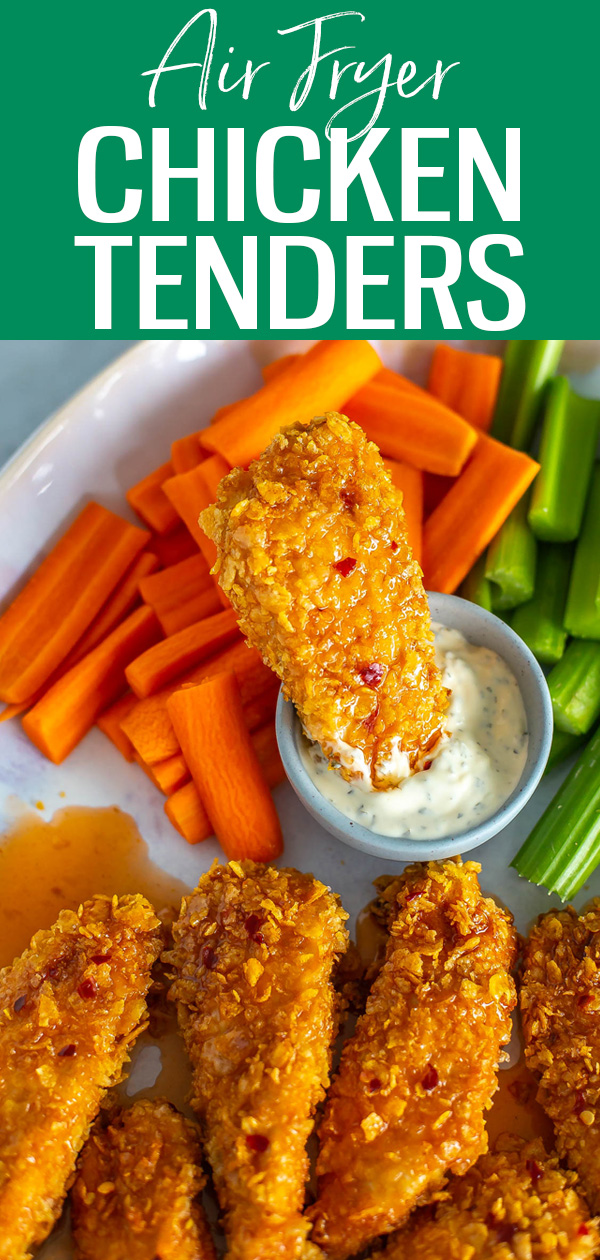 Skip the drive-thru and make these easy, healthier Crispy Air Fryer Chicken Tenders instead. The homemade hot honey is SO good! #airfryer #chickentenders #hothoney