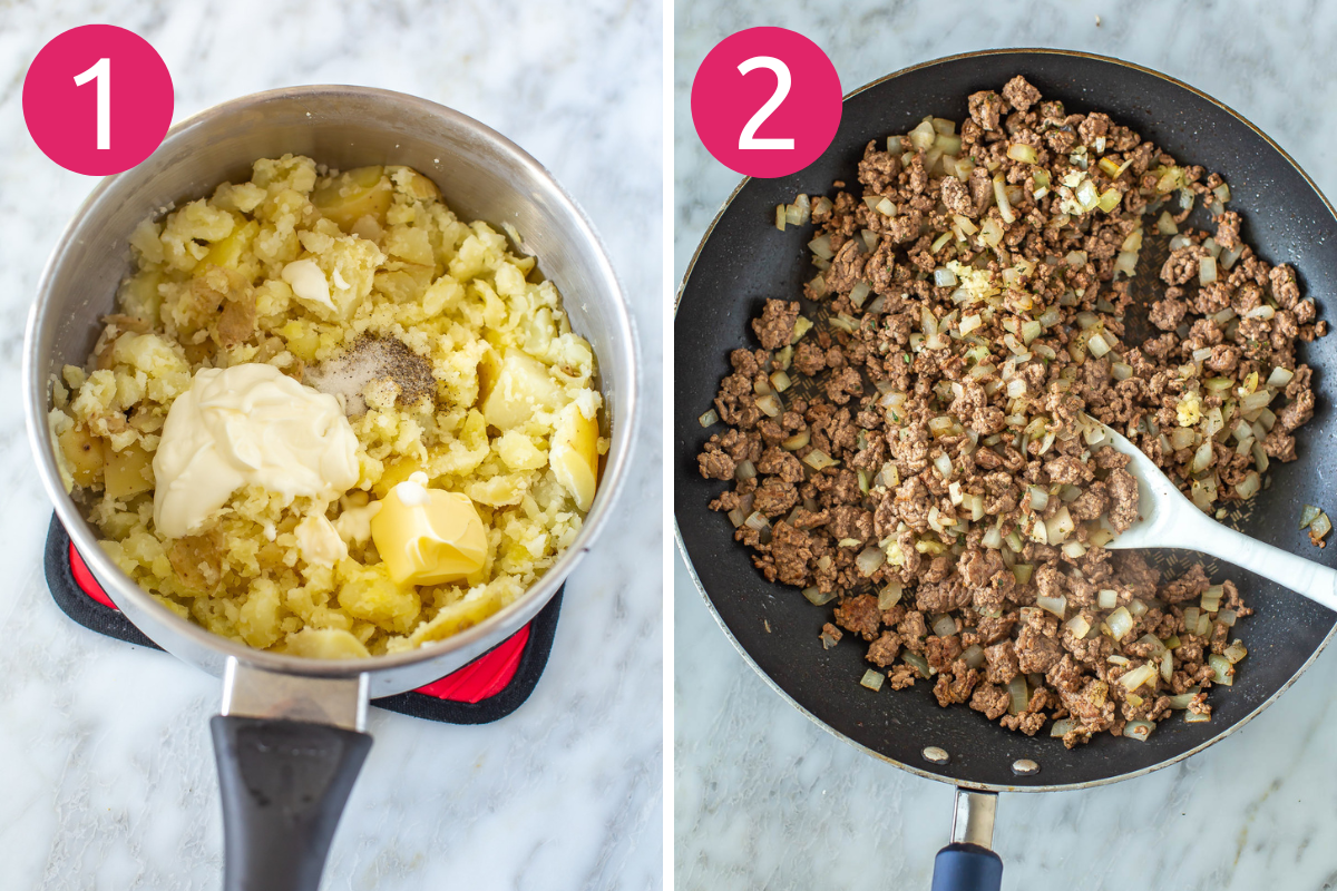 Steps 1 and 2 for making classic shepherd's pie: make mashed potatoes and saute beef, onions and garlic.