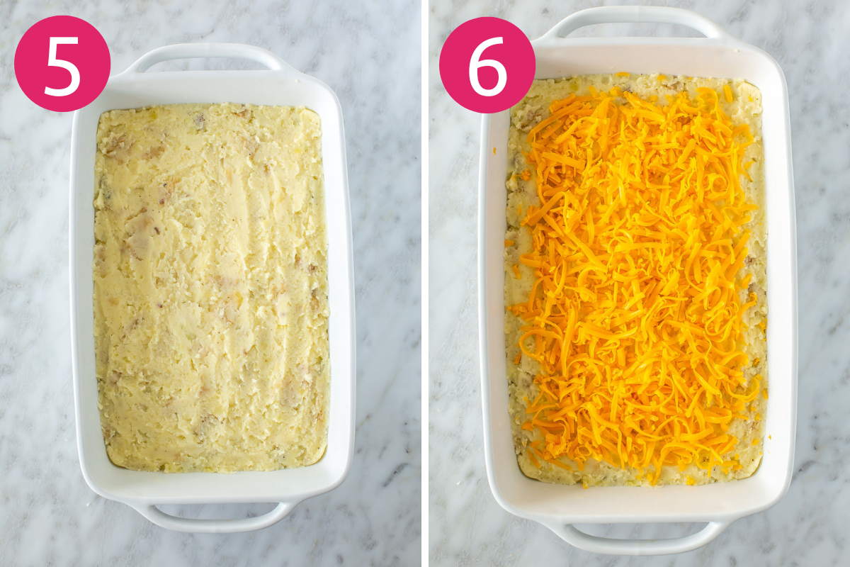 Steps 5 and 6 for making classic shepherd's pie: add mashed potatoes on top of meat mixture then layer on shredded cheese and bake.