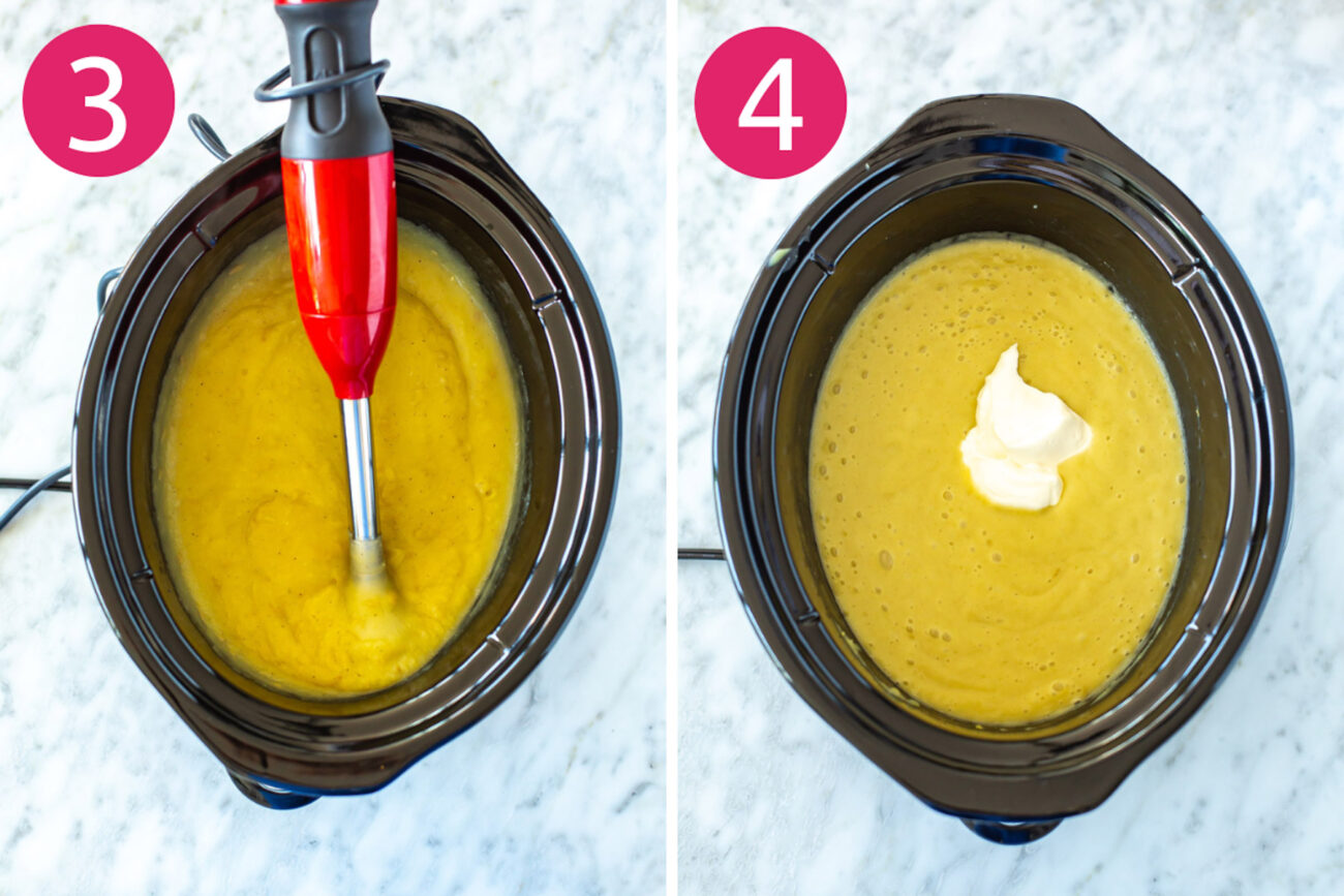 Steps 3 and 4 for making crockpot potato soup: use an immersion to blend the soup then stir in sour cream.