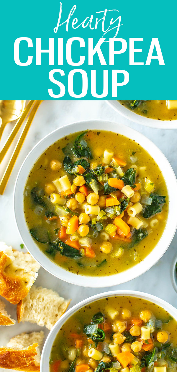The Hearty Chickpea Soup is the perfect vegetarian lunch for winter. It has pasta, parmesan, Italian seasoning and spinach in it. #vegetarian #chickpeasoup 