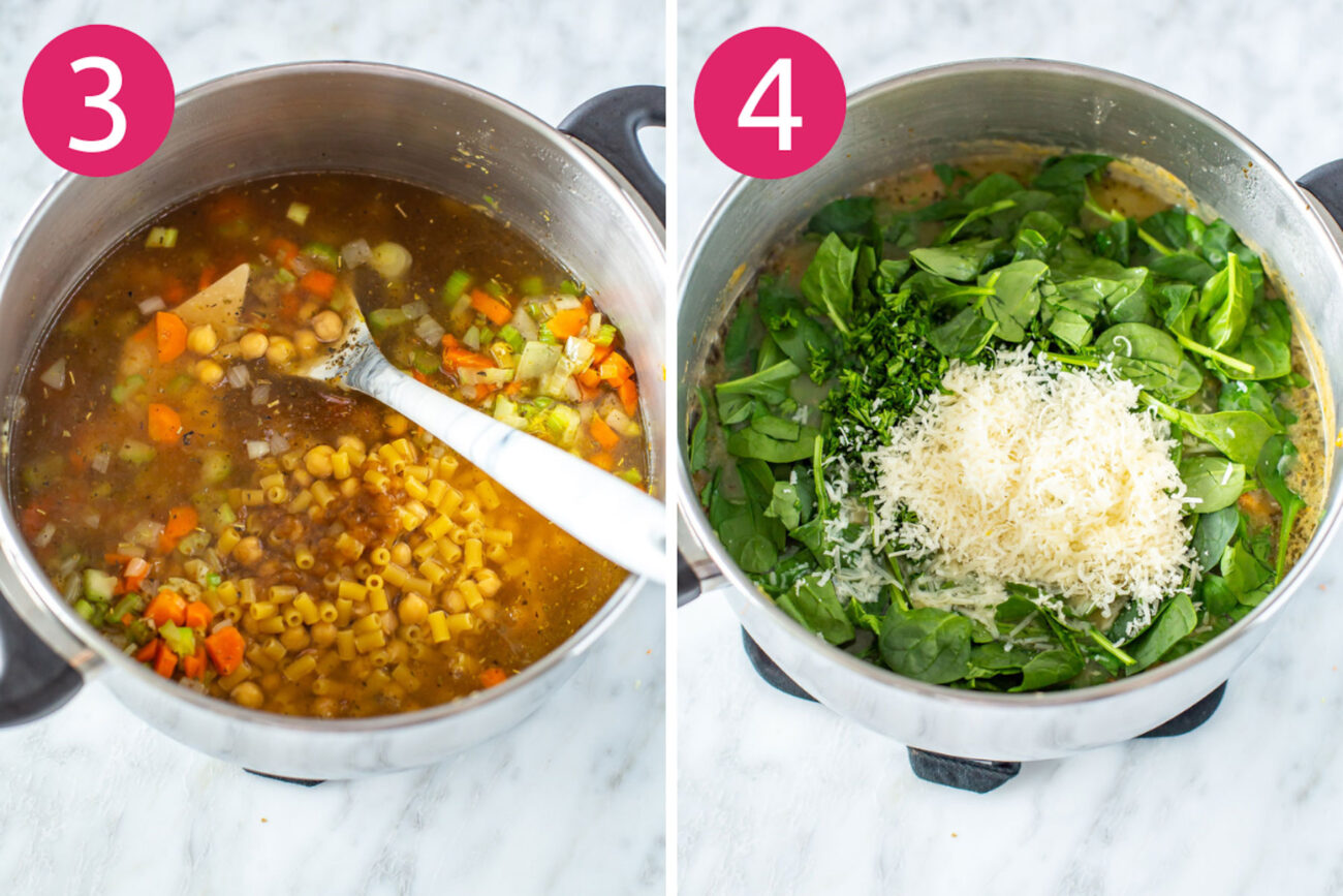 Steps 3 and 4 for making chickpea soup: add broth, pasta, and chickpeas then stir in spinach and parmesan. 