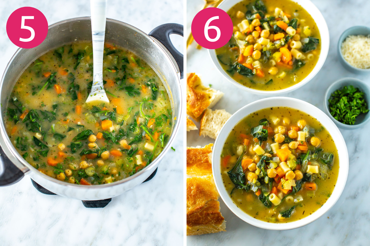 Steps 5 and 6 for making chickpea soup: cook soup for an additional minute then serve and enjoy!