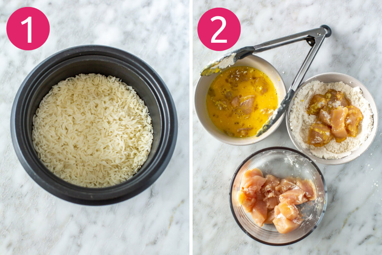 Steps 1 and 2 for making mandarin chicken: make rice and bread chicken.