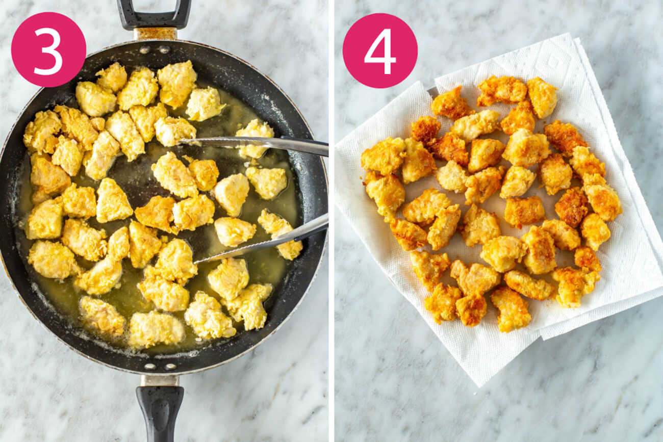 Steps 3 and 4 for making mandarin chicken: fry chicken and drain it.