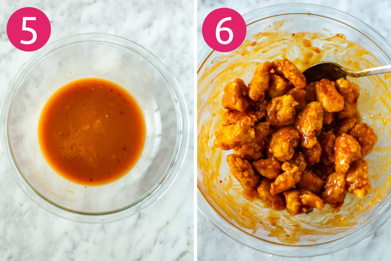 Steps 5 and 6 for making mandarin chicken: make mandarin sauce and coat chicken in the sauce.