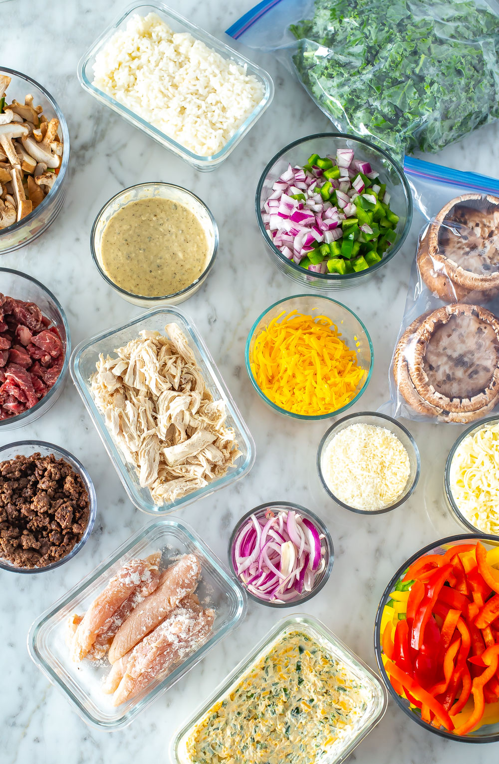 Several ingredients prepped ahead of time for meal prep.