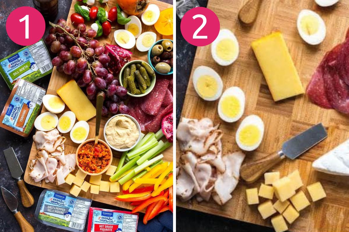 Steps 1 and 2 for making a healthy charcuterie board