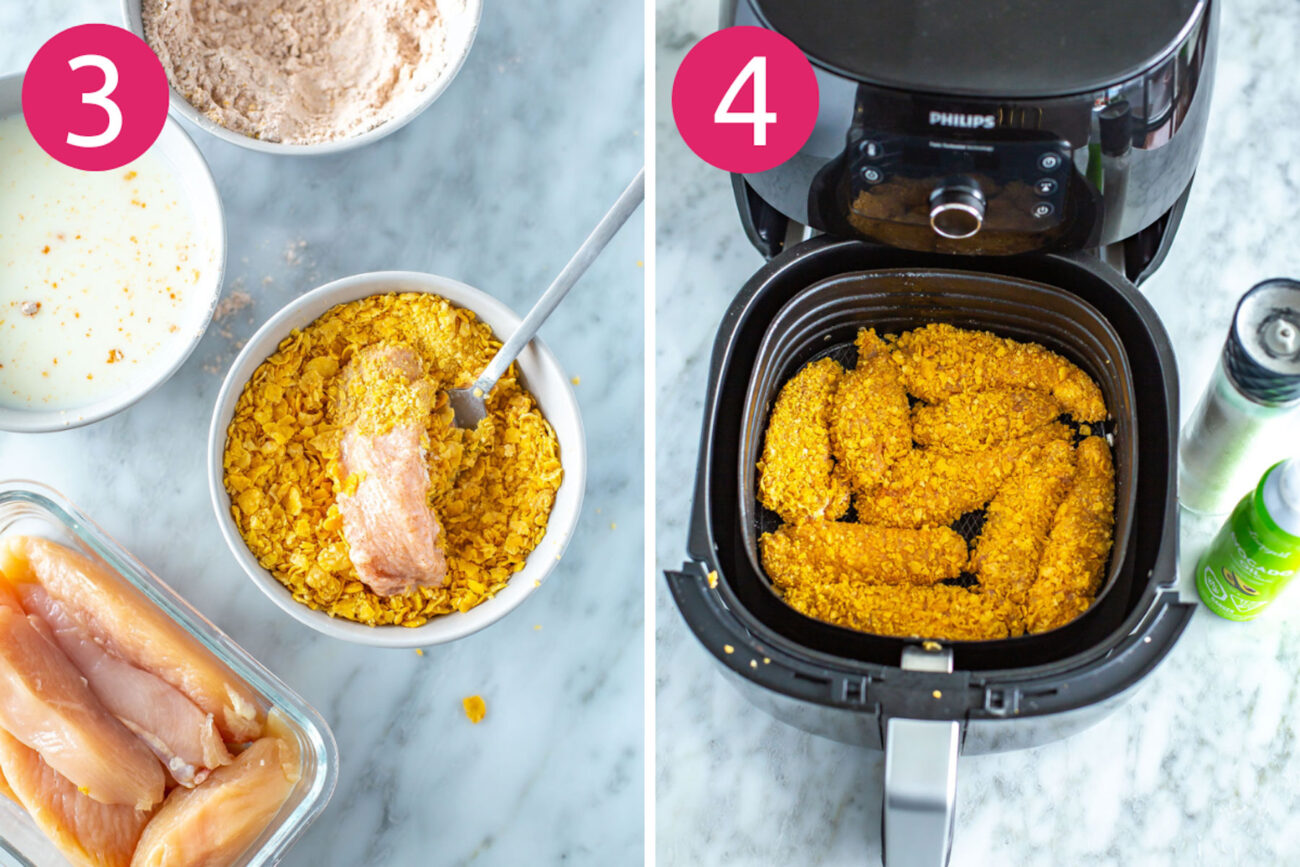 Steps 3 and 4 for making air fryer chicken tenders: coat tenders in crushed cornflakes then cook in the air fryer.