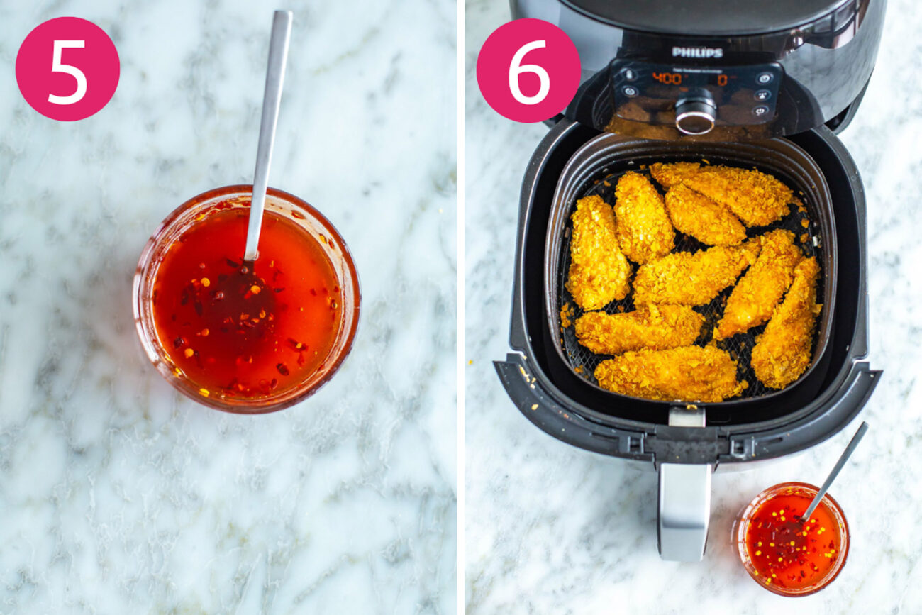 Steps 5 and 6 for making air fryer chicken tenders: make hot honey sauce then serve and enjoy!