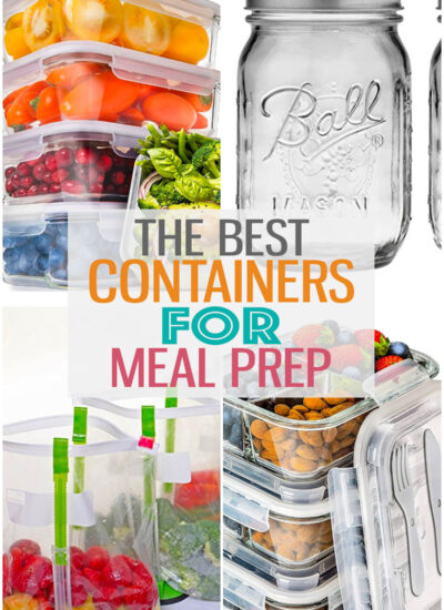 A collage of different meal prep containers with the text 