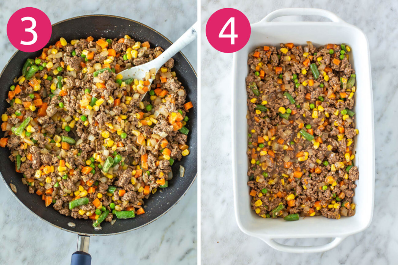 Steps 3 and 4 for making classic shepherd's pie: add beef broth, worcestershire and frozen veggies, layer beef mixture into casserole dish. 