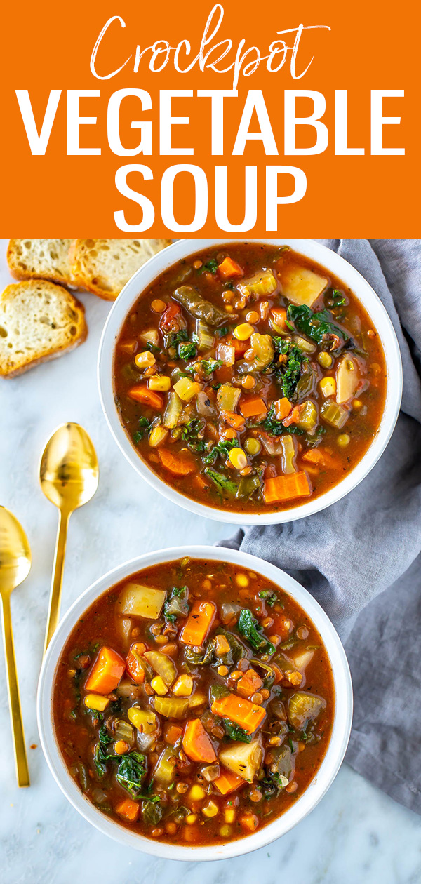 This Crockpot Vegetable Soup is so delicious! It's made easy in the slow cooker with fire roasted tomatoes, lentils, and a mix of veggies. #crockpot #vegetablesoup