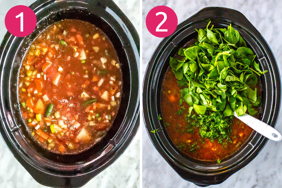 Шаги 1 и 2 для приготовления овощного супа в мультиварке: добавьте все ингредиенты, кроме шпината и петрушки, в мультиварку, готовьте, затем добавьте шпинат и петрушку.