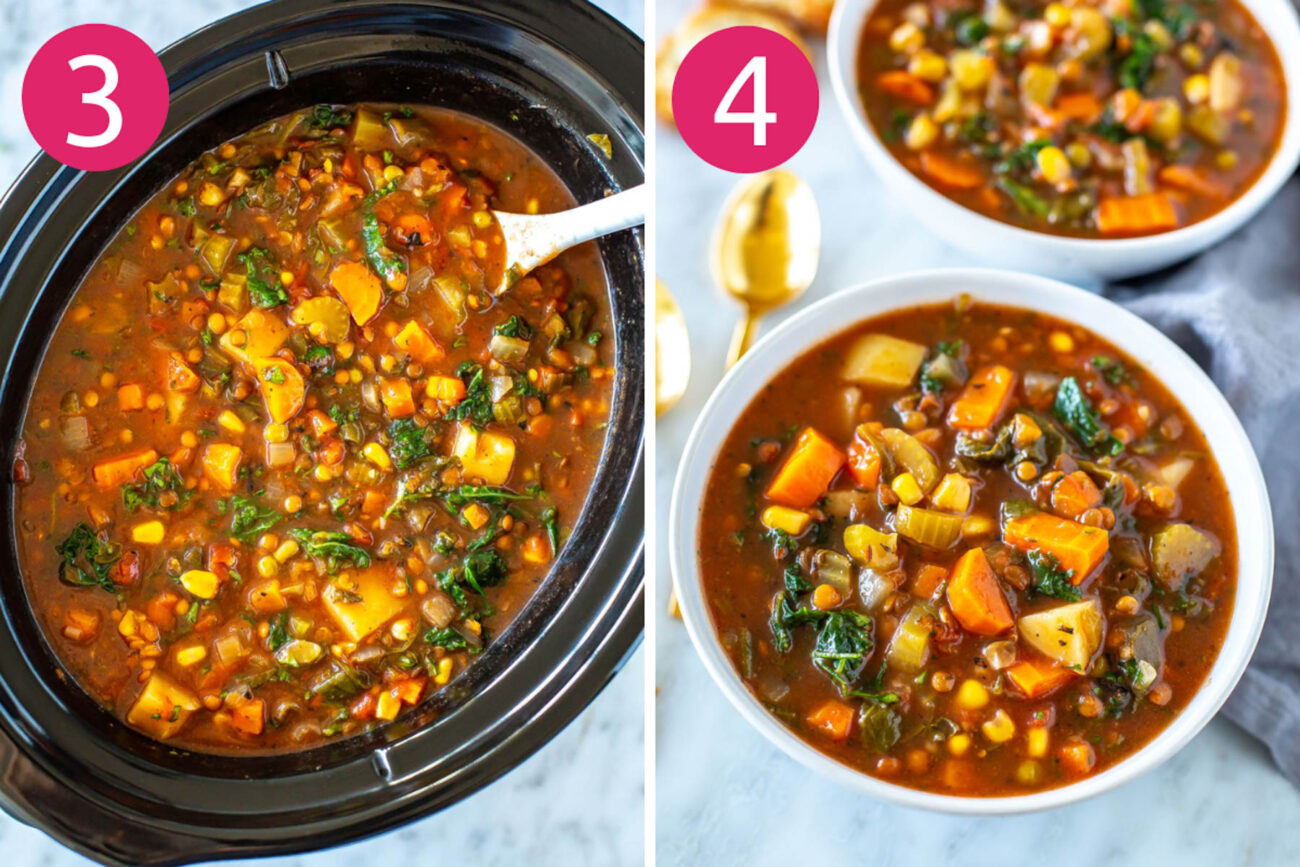 Steps 3 and 4 for making crockpot vegetable soup: sir in the spinach and parsley then serve and enjoy!