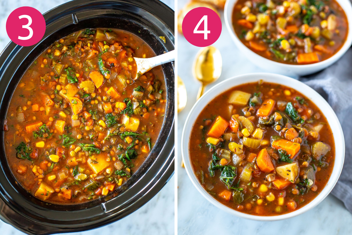 Шаги 3 и 4 для приготовления овощного супа в мультиварке: добавьте шпинат и петрушку, затем подавайте и наслаждайтесь!