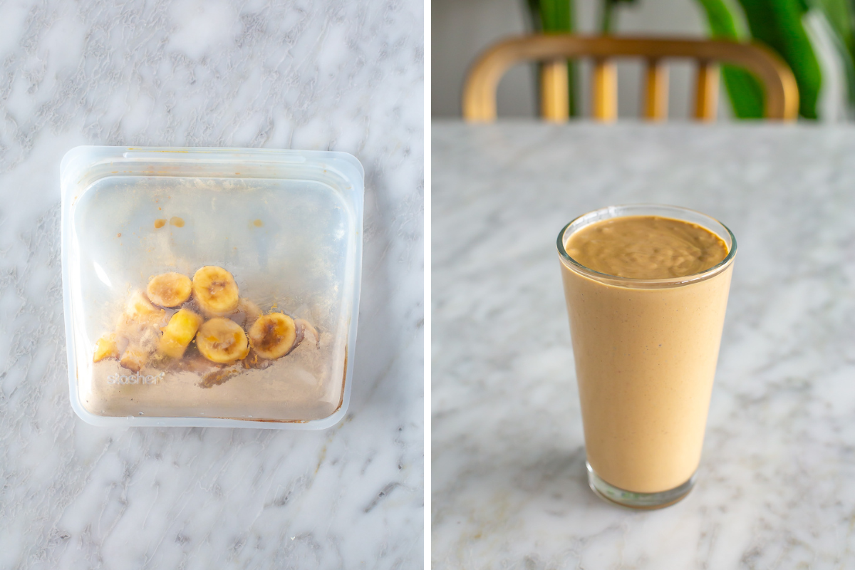 A collage of a peanut butter chocolate banana smoothie pack with the smoothie blended up in a cup.